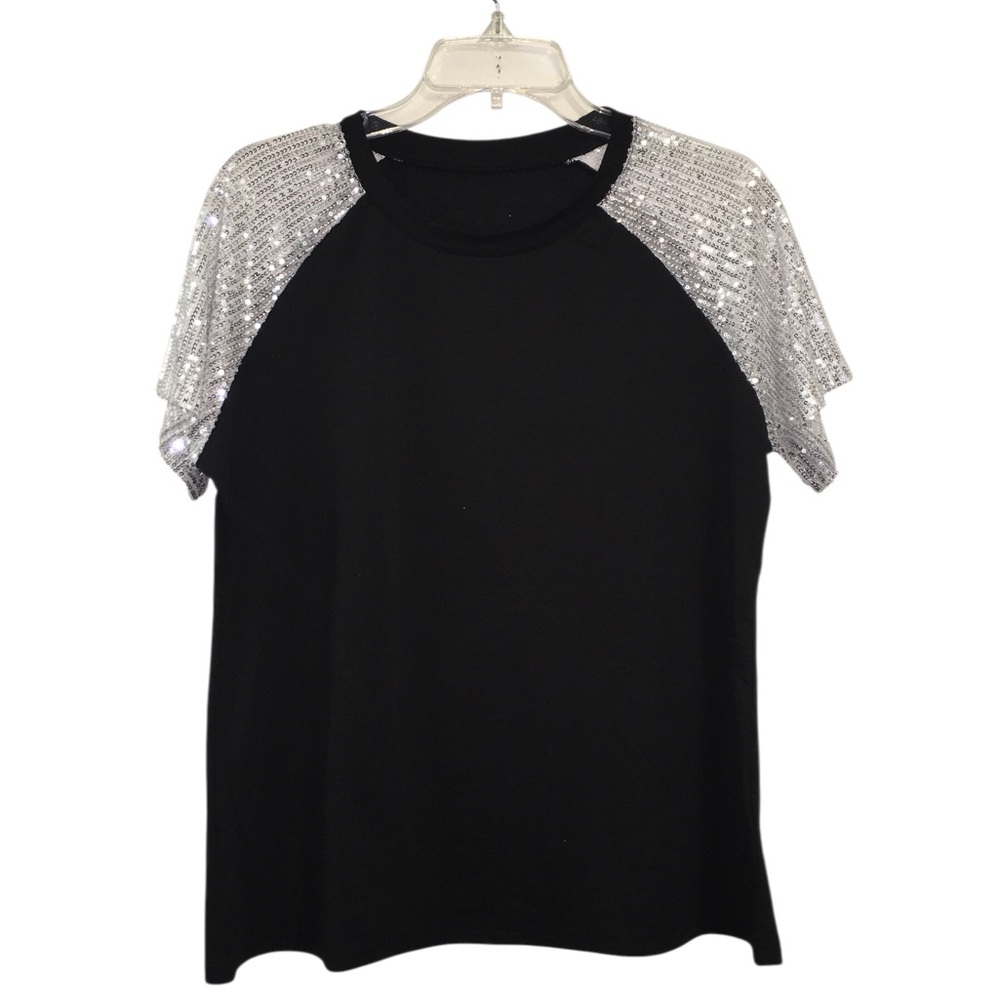 NEW Black Short Sleeve Tee with Silver Sequin Sleeves 🖤